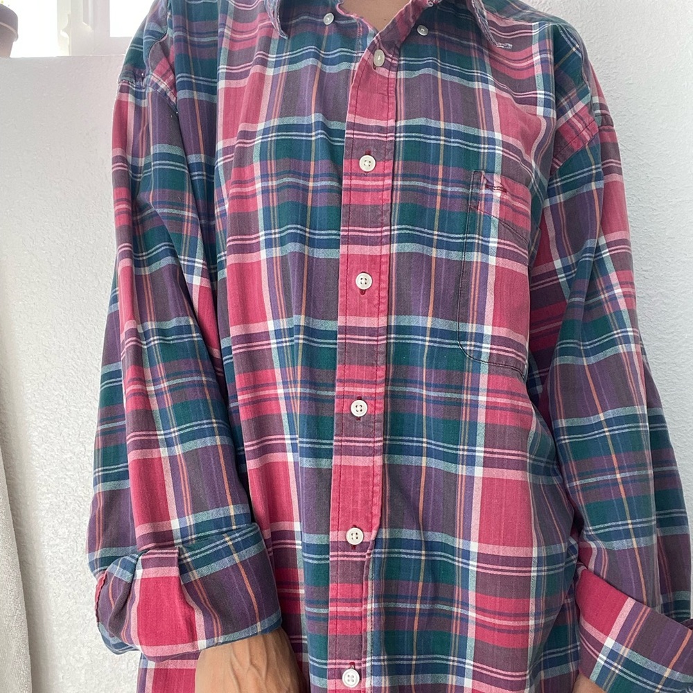 Vintage native habitat planet earth multi colored plaid button down